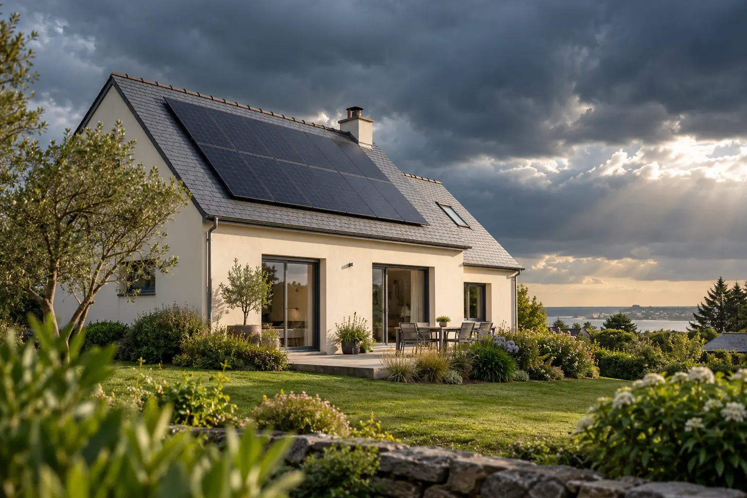 Illustration d’une maison équipée de panneaux solaires sous un ciel orageux