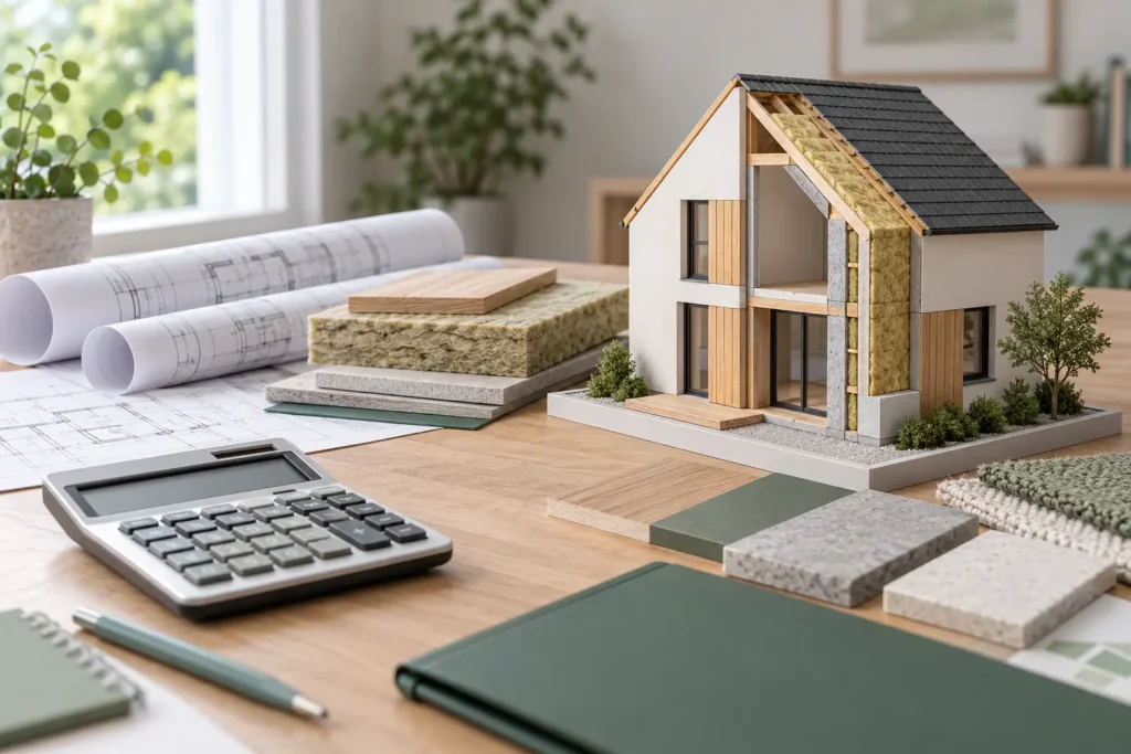 Illustration d’un budget de rénovation préparé avec des plans de logement et une calculatrice