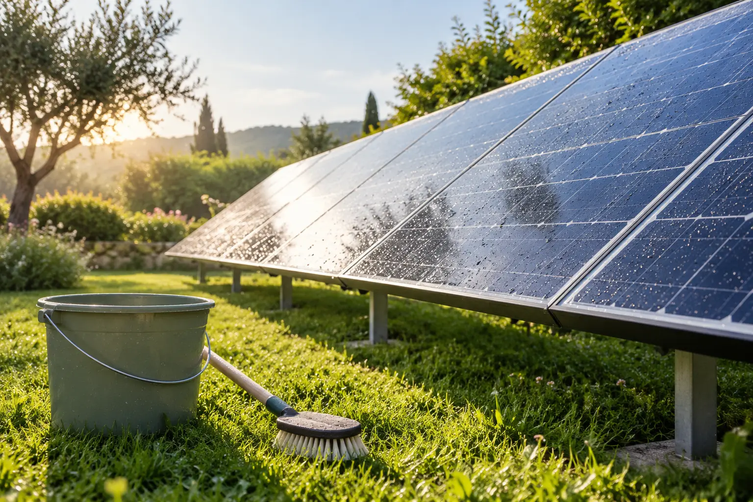 Illustration de l’entretien de panneaux photovoltaïques accessibles depuis le sol