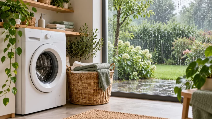 Lave-linge et panier de linge près d’une fenêtre donnant sur un jardin sous la pluie