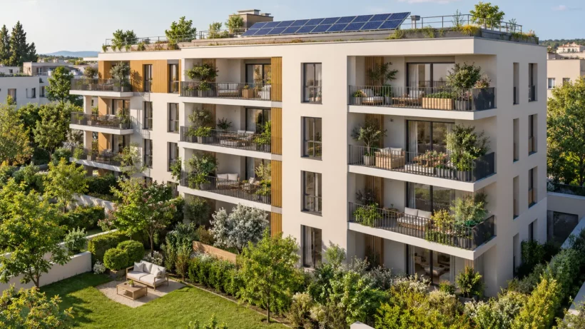 Illustration d’un immeuble collectif équipé de panneaux photovoltaïques