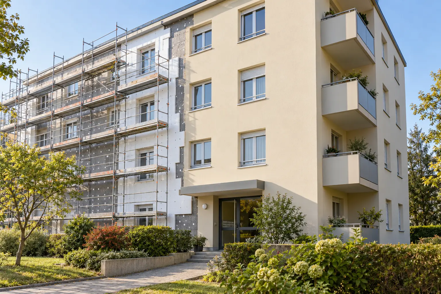 Illustration d’un immeuble résidentiel en cours de rénovation de façade