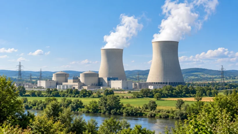 Centrale nucléaire, tours de refroidissement et paysage verdoyant