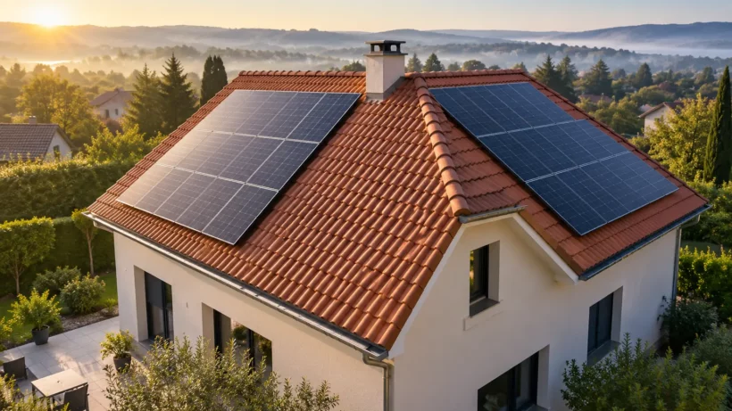 Illustration de panneaux photovoltaïques répartis sur deux pans de toiture